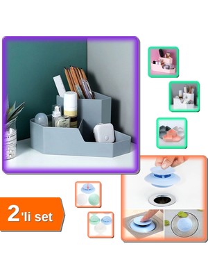 Hereveoyuncak Masaüstü Köşe Makyaj Organizeri + Mutfak Banyo Lavabo Filtreli Tıkama Aparatı - 2’li Set QTR9VX