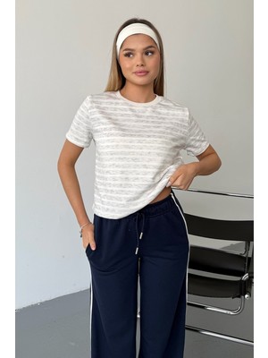 Giysa Kadın Bisiklet Yaka Kısa Kollu Çizgili Sweatshirt Gri - MS0001301