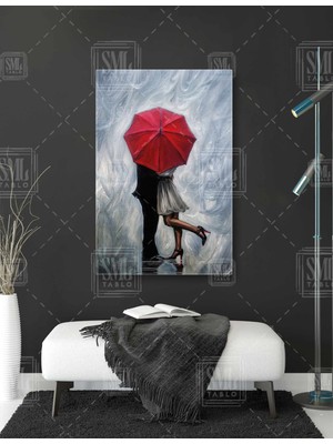 SML Tablo Kırmızı Şemsiye Sarılan Romantik Çift Yağmur Sonbahar Aşk Dikey Kanvas Tablo