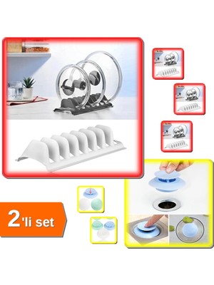 Hereveoyuncak Beyaz 2 Adet 8 Bölmeli Tencere Kapak Rafı + Filtreli Lavabo Tıkama Aparatı – 2li Set G3KX9M