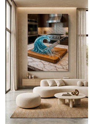 Wallivo Mutfak Tezgahındaki Tahtada Su Dalgasını Kesen Bıçak Kanvas Tablo