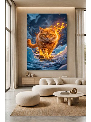 Wallivo Ateşe Sarılmış Turuncu Kedi Evcil Hayvan Temalı Kanvas Tablo