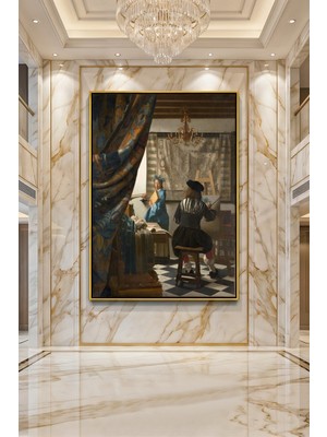 Wallivo Johannes Vermeer Ressamın Atölyesi Bronz Metal Çerçeveli Kanvas Tablo