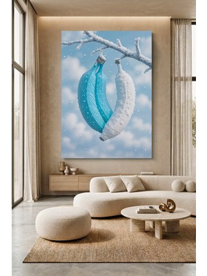 Wallivo Dalda Asılı Beyaz ve Mavi Muz Kış Temalı Kanvas Tablo