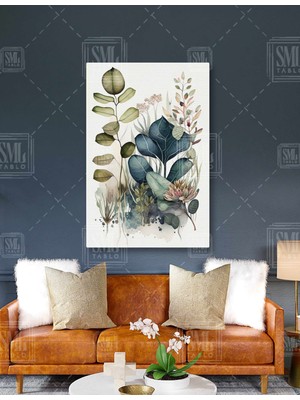 SML Tablo Sulu Boya Efektli Mavi Okaliptus Çiçeği Eucalyptus Flower Flora Dikey Kanvas Tablo