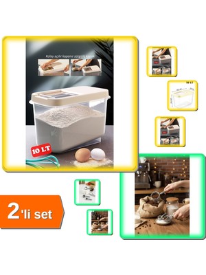 Hereveoyuncak Erzak Bakliyat Saklama Kabı 10 Lt Un Şeker Saklama Kabı + 3 Adet Ölçü Kaşığı - 2li Set X2T1J0