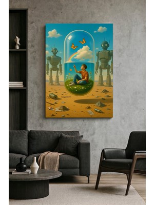 Wallivo Distopik Manzarada Doğa Kapsülü Içindeki Çocuk ve Gözcü Robotlar Kavramsal Sanat Kanvas Tablo