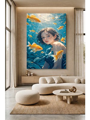 Wallivo Denizde Japon Balığıyla Yüzen Kız Kanvas Tablo