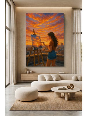 Wallivo Evinin Çatısında Doğayı Resimleyen Kadın Ressam Kanvas Tablo