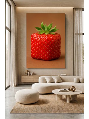 Wallivo Tek Kare Çilek - Minimalist Geometrik Meyve Kanvas Tablo