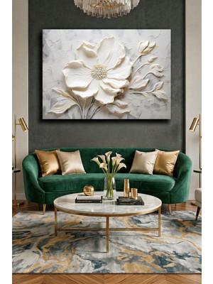 Wallivo Yüksek Kabartma Görünümlü Beyaz Çiçek Motifi - 3D Etkili Kanvas Tablo