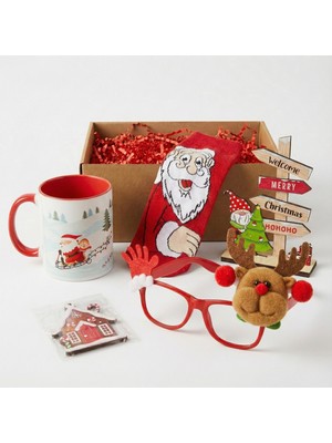 Yılbaşı Özel Hediye Kutusu - Kırmızı Kulplu Noel Baba Kupa, Geyik Gözlük & Konsept Hediye Seti