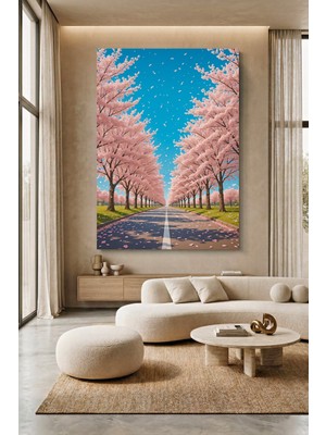 Wallivo Yumuşak Pembe Ağaçlarla Süslenmiş Yol Kanvas Tablo