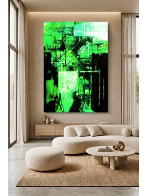 Wallivo Fütüristik Şehir Manzarası Yaratan Neon Yeşil ve Siyah Kanvas Tablo