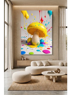 Wallivo Dev Sarı Mantar ve Havadan Düşen Büyük Boya Damlaları Kanvas Tablo