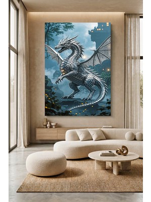 Wallivo Gümüş Kaplamalı Ejderha Karanlık Kanvas Tablo