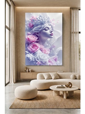 Wallivo Pembe Güllerle Çevrili Narin Beyaz Taçlı Dingin Kraliçe Kanvas Tablo