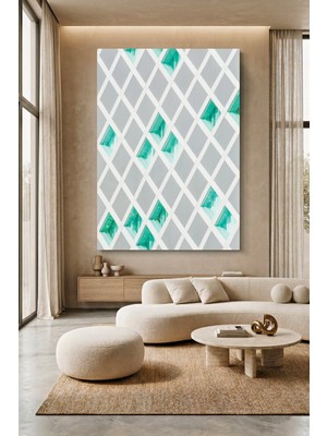 Wallivo Turkuaz Üzerine Beyaz Çapraz Kafesli Minimalist Cephe Kanvas Tablo