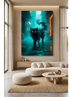 Wallivo Neon Yeşil Siste Kedi Evcil Hayvan Temalı Kanvas Tablo