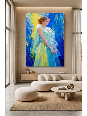 Wallivo Mavi ve Sarı Tonlu Elbiseli Kadın Yağlıboya Tarzı Kanvas Tablo