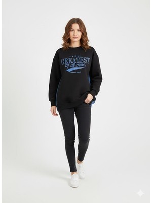 Ribana Classic Kadın Üç Iplik Şardonlu Arkası Kot ve Düğme Detaylı Baskılı Bisiklet Yaka Sweatshirt