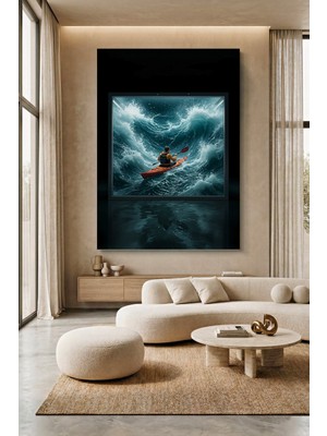 Wallivo Ekrandan Çıkan Devasa Fırtınalı Dalgalarla Mücadele Eden Kayakçı Kanvas Tablo