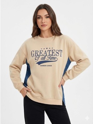 Ribana Classic Kadın Üç Iplik Şardonlu Arkası Kot ve Düğme Detaylı Baskılı Bisiklet Yaka Sweatshirt