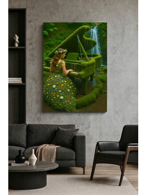 Wallivo Doğa ve Müziğin Büyüsü Yosunlu Piyano ve Çiçek Elbiseli Kadın Fantastik Kanvas Tablo