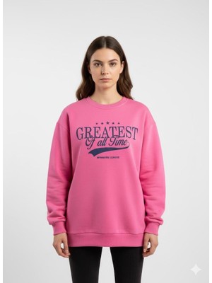 Ribana Classic Kadın Üç Iplik Şardonlu Arkası Kot ve Düğme Detaylı Baskılı Bisiklet Yaka Sweatshirt