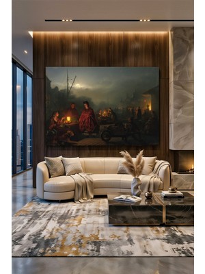 Wallivo Petrus Van Schendel'in Işık Ustası Eseri Ay Işığında Pazar Yeri Romantik Kanvas Tablo