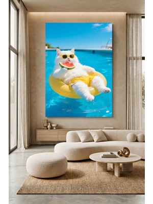 Wallivo Karpuz Yerken Yüzen Kedi Evcil Hayvan Temalı Kanvas Tablo
