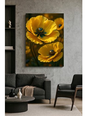 Wallivo Güneş Sarısı Gelincikler ve Mavi Polenler Dekoratif Botanik Sanatı Kanvas Tablo