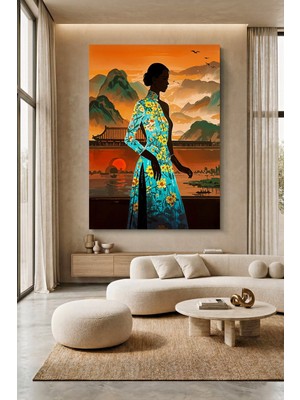 Wallivo Gün Batımında Asya Çiçekleri ve Asyalı Kadın Kanvas Tablo