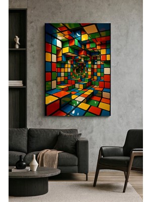 Wallivo Renkli Küplerden Zeka Küpü Labirenti 3D Geometrik Desenli Soyut Kanvas Tablo