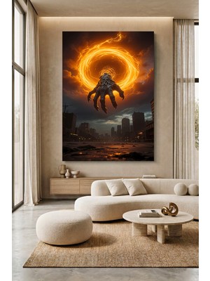 Wallivo Şehir Üzerinde Ateşli Portaldan Çıkan Dev Canavar Eli Kanvas Tablo