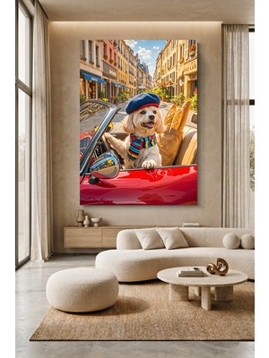 Wallivo Havalı Şapkasıyla Araba Süren Modern Köpek Kanvas Tablo