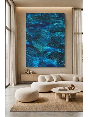 Wallivo Derin Mavi Fırça Darbeli Dokulu Soyut Tablo Yakın Çekim Kanvas Tablo