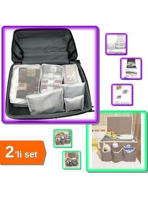 Hereveoyuncak Gri - Beyaz Çizgili 6 Parça Anne Bebek Çantası Düzenleyici + 5 Bölmeli Başucu Organizer - 2li Set J5