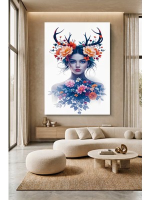 Wallivo Boynuzlar ve Çiçeklerle Kadın Doğa Ruhu Temalı Kanvas Tablo
