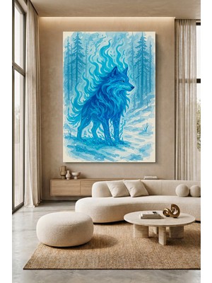 Wallivo Mavi Ateş Temalı Kurt Kanvas Tablo