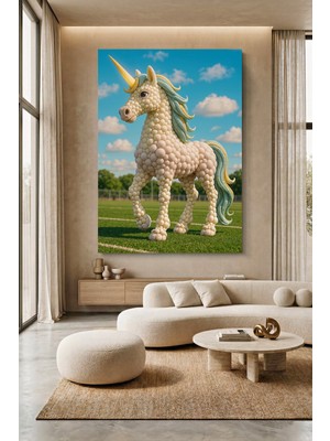 Wallivo Beyaz Boncuk Motifli Unicorn Kanvas Tablo