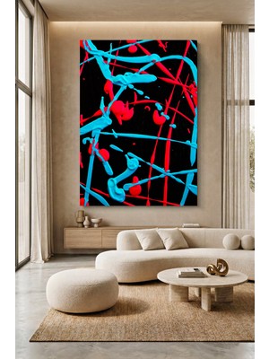 Wallivo Canlı Kırmızı ve Camgöbeği Boya Sıçramaları Soyut Kanvas Tablo