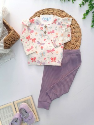 Melisa Kelebek Desenli Ribana 2'li Takım Mürdüm - 3-6 Ay