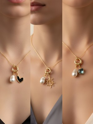 NKT Collection Turkuaz Kalp Güneş Deniz Kabuğu Incili Kolye