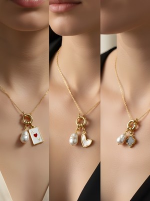 NKT Collection Beyaz Kalp Siyah Yonca Kupa As Incili Kolye