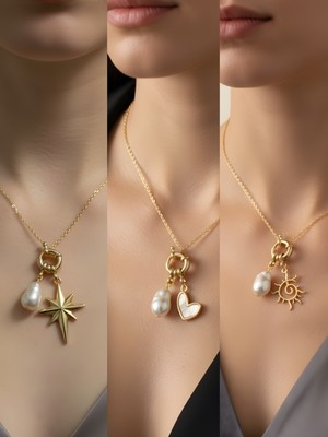 NKT Collection Güneş Beyaz Kalp Kutup Yıldızı Incili Kolye