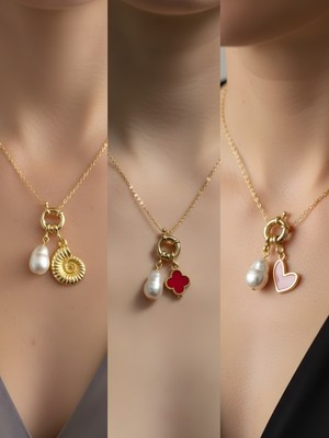 NKT Collection Pembe Kalp Deniz Kabuğu Siyah Yonca Incili Kolye