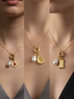 NKT Collection Deniz Kabuğu Külçe Altın Turkuaz Kalp Incili Kolye