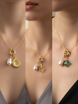 NKT Collection Zümrüt Yeşili Yıldız Güneş Deniz Kabuğu Incili Kolye