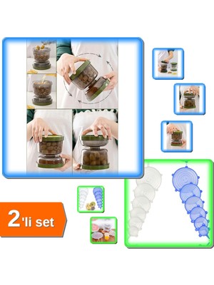 Hereveoyuncak Çift Taraflı Süzgeçli Kapaklı Zeytinlik - Turşu Saklama + 6 Adet Silikon Strech Kapak - 2li Set V9M2